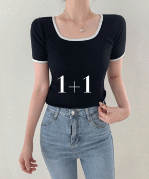 1+1 베일리 배색 스퀘어넥 반팔 쫄깃 스판 티셔츠